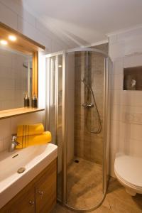a bathroom with a shower and a toilet and a sink at Forsthaus Pernthaner in Saalbach Hinterglemm