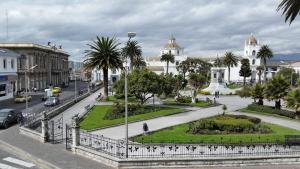 a city street with palm trees and a building at Hotel Cotopaxi in Latacunga