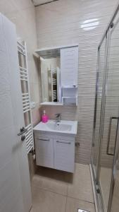 La salle de bains est pourvue d'un lavabo, d'un miroir et d'une douche. dans l'établissement Elan Luxury Apartments & Rooms, à Plav