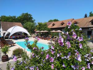 een resort met een zwembad met paarse bloemen bij Remser Haus in Zalakaros