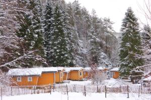 una fila de cabañas en la nieve con árboles en Fosseland Gjestegård, en Feda