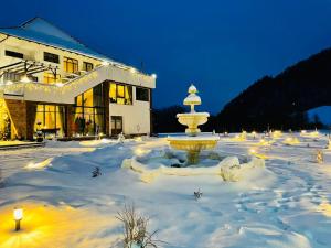 Grădina Mariajelor Hotel في كامبولونغ مولدوفينيسك: وجود نافورة في الثلج امام المبنى