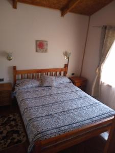 a bedroom with a bed with a blue comforter at Cabañas el Estero in Melipeuco