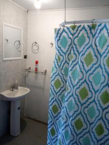 a bathroom with a shower curtain and a sink at Cabañas el Estero in Melipeuco