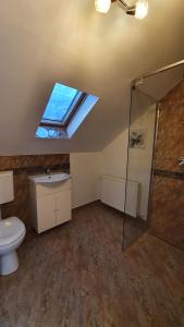 a bathroom with a toilet and a sink and a skylight at Bran Hill in Bran