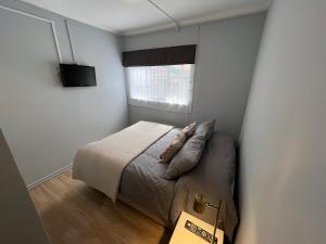 1 dormitorio con cama con almohadas y ventana en Hotel Florencia, en Viña del Mar