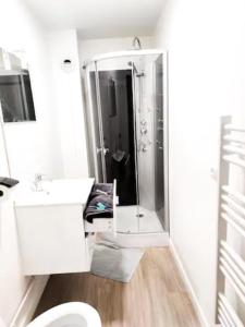 une salle de bain avec douche, lavabo et toilettes dans l'établissement Le petit nid du Mont Saint Michel, à Pontorson