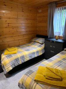 two beds in a room with wooden walls at Corrie Lodge, Glendevon in Glendevon