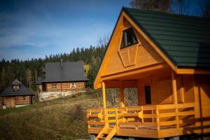 drewniany domek z zielonym dachem na wzgórzu w obiekcie Domki na Podgórzu w mieście Duszniki Zdrój