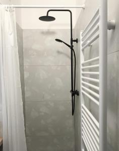 a shower in a bathroom with a glass door at Apartmán TYRŠOVKA in Svoboda nad Úpou