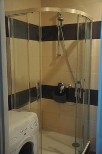 een badkamer met een wasmachine in een kamer bij Apartament przy Parku Czartoryskich in Puławy