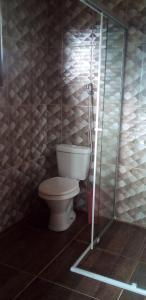 a bathroom with a toilet and a glass shower at Recanto do Leão in Alagoa +48 photos