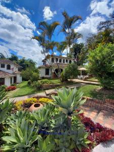 une maison avec des palmiers et un jardin dans l'établissement Linda Casa Condominio Miraflores, à Fusagasuga
