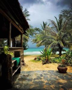 einen Strand mit einer Hütte und das Meer mit Palmen in der Unterkunft Lazy Beach in Koh Rong Sanloem