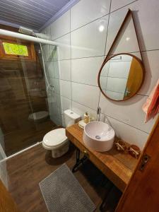 La salle de bains est pourvue d'un lavabo, de toilettes et d'un miroir. dans l'établissement Chalé de Pedra Recanto Verde dos Canyons, à Praia Grande