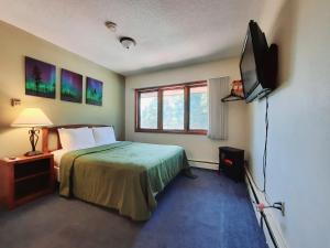 a bedroom with a bed and a flat screen tv at North Ironwood Acres - Black River Lodge in Ironwood