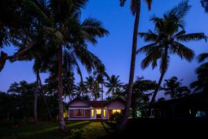 een huis met verlichting in het midden van palmbomen bij Cynefin, Pet-friendly 2br by the backwaters by Roamhome in Murinjupuzha