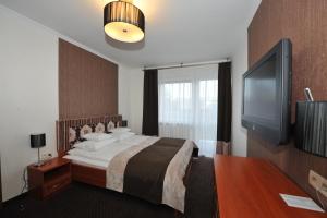Televízia a/alebo spoločenská miestnosť v ubytovaní Hotel Linder