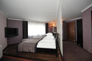 a hotel room with a bed and a television at Hotel Linder in Malnia +62 photos