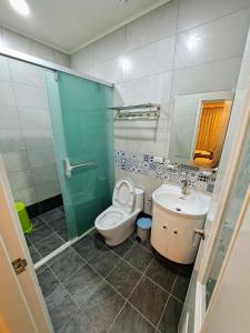 La salle de bains est pourvue de toilettes, d'un lavabo et d'une douche. dans l'établissement Rainy Pleasure, à Meishan