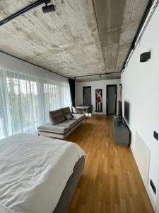 Voluntari的住宿－Studio Cuzino 106 Pipera，一间卧室配有一张床和一张沙发