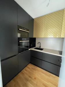 a kitchen with black cabinets and a sink at Studio Cuzino 106 Pipera in Voluntari +13 photos