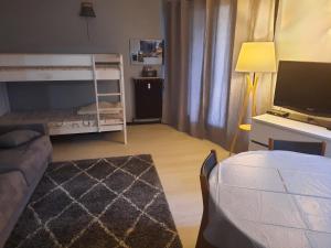 ein Wohnzimmer mit einem Etagenbett und einem TV in der Unterkunft Studio rénové au cœur du village in Saint-Martin-Vésubie