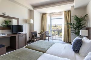a hotel room with a bed and a desk with a television at Amalia Hotel Athens in Athens
