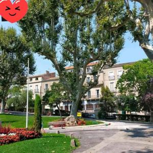 un parque con un árbol y un banco y edificios en studio mezzanine vue mer terrasse et parking en Sète