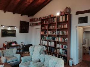 a living room with two chairs and a book shelf filled with books at Belgirate Casa Emilia in Belgirate