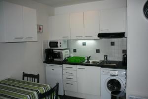 a kitchen with a sink and a washing machine at Appartement Les Romanesques in Cambo-les-Bains