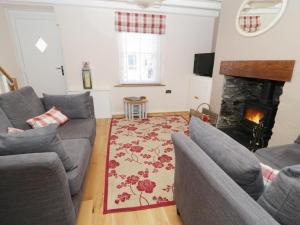 a living room with two couches and a fireplace at Clock cottage in Conwy +3 photos