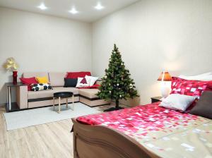 ヨシュカル・オラにあるСеть ЙоХоум Apartment on Petrova 30のリビングルーム(クリスマスツリー、ソファ付)