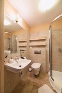 W łazience znajduje się umywalka, toaleta i prysznic. w obiekcie Pensjonat Kościuszko w mieście Krynica Zdrój