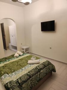 a bedroom with two beds and a flat screen tv at Panorama Hotel - Restaurant in Diakopto