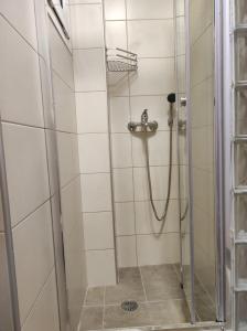 a shower with a glass door in a bathroom at Panorama Hotel - Restaurant in Diakopto