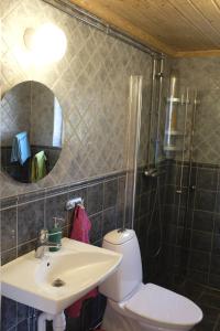 a bathroom with a toilet and a sink and a shower at Fjällstuga i avskildhet med elbilsladdare in Idre +27 photos