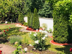a garden with flowers and trees and a path at PensionLien in Köthen