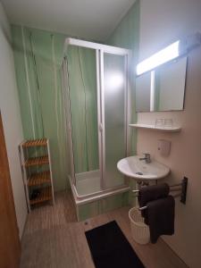 a bathroom with a shower and a sink at Pension Bergfried in Hallstatt