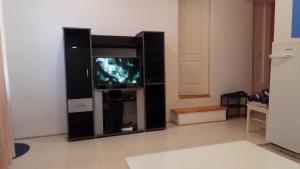 a living room with a tv in a entertainment center at Apartments Vozdovac in Belgrade