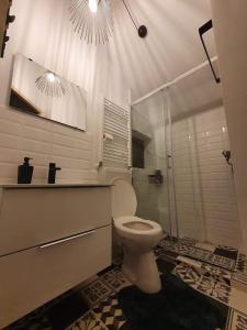 a white bathroom with a toilet and a shower at Cabana Kodru in Vatra Dornei