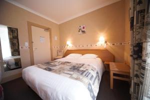 Un dormitorio con una cama grande y una ventana en Hotel Le Bellevue, en Saint-Hippolyte