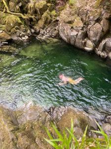 a man swimming in a river with rocks at Bohemian suite on Rydal Water. Beautiful location! in Rydal