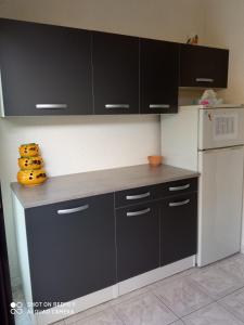 - une cuisine avec des armoires noires et un réfrigérateur blanc dans l'établissement Le Galion, au Grau-dʼAgde