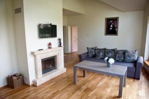 a living room with a couch and a fireplace at Spalio krantas in Giedraičiai