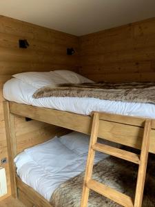 Cette chambre en bois dispose de 2 lits superposés et d'une échelle. dans l'établissement Charmant 2 pièces rénové cœur station ISOLA 2000, à Isola 2000