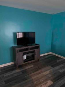 ein Wohnzimmer mit einem Flachbild-TV auf einem Stand in der Unterkunft Remodeled House Minutes to Falls Attractions in Niagara Falls