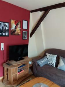 uma sala de estar com um sofá e uma televisão em Weingut Matthias Dauns em Reil
