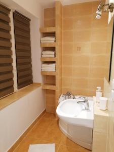 ein Badezimmer mit einem Waschbecken, einer Badewanne und einem WC in der Unterkunft Apartament u Przewodnika Sudeckiego in Duszniki-Zdrój