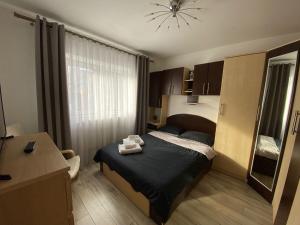 a small bedroom with a bed in a room at Bucovina View apartment in Câmpulung Moldovenesc